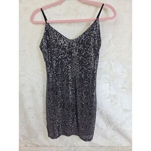 IRIS Black Sequin Mini Bodycon Dress Womens Large V-Neck Spaghetti Strap ID4827